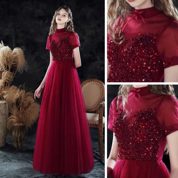 Vintage / Retro Burgundy Dancing Prom Dresses 2021 A-Line / Princess See-through High Neck Puffy Short Sleeve Beading Sequins Floor-Length / Long Ruffle Backless Formal Dresses