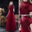 Vintage / Retro Burgundy Dancing Prom Dresses 2021 A-Line / Princess See-through High Neck Puffy Short Sleeve Beading Sequins Floor-Length / Long Ruffle Backless Formal Dresses