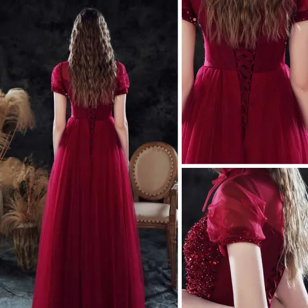 Vintage / Retro Burgundy Dancing Prom Dresses 2021 A-Line / Princess See-through High Neck Puffy Short Sleeve Beading Sequins Floor-Length / Long Ruffle Backless Formal Dresses