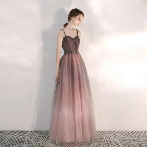 Elegant Purple Gradient-Color Dancing Prom Dresses 2021 A-Line / Princess Spaghetti Straps Sleeveless Beading Sash Floor-Length / Long Ruffle Backless Formal Dresses
