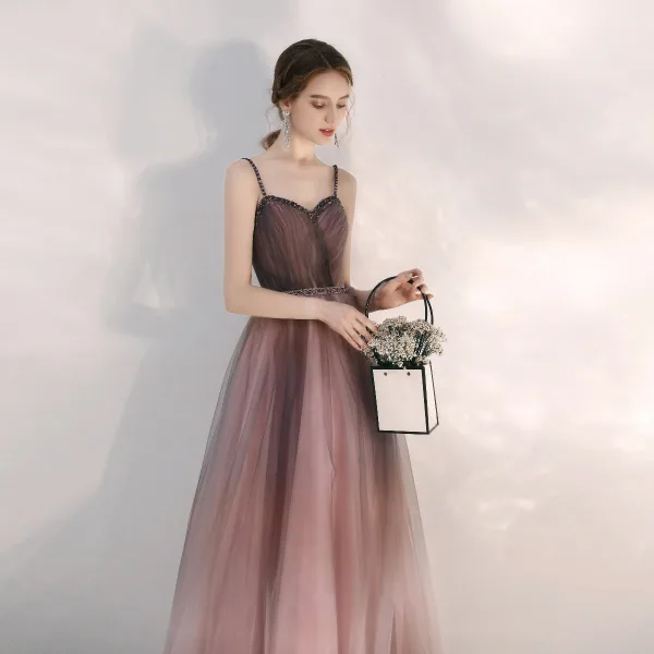 Elegant Purple Gradient-Color Dancing Prom Dresses 2021 A-Line / Princess Spaghetti Straps Sleeveless Beading Sash Floor-Length / Long Ruffle Backless Formal Dresses