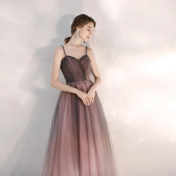 Elegant Purple Gradient-Color Dancing Prom Dresses 2021 A-Line / Princess Spaghetti Straps Sleeveless Beading Sash Floor-Length / Long Ruffle Backless Formal Dresses