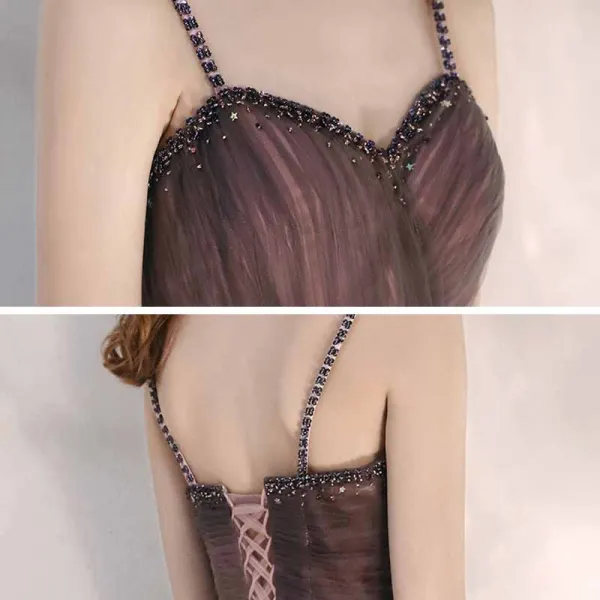 Elegant Purple Gradient-Color Dancing Prom Dresses 2021 A-Line / Princess Spaghetti Straps Sleeveless Beading Sash Floor-Length / Long Ruffle Backless Formal Dresses