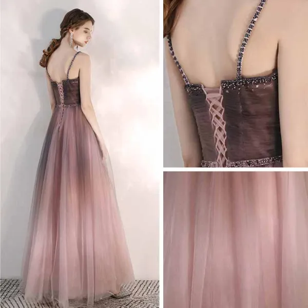 Elegant Purple Gradient-Color Dancing Prom Dresses 2021 A-Line / Princess Spaghetti Straps Sleeveless Beading Sash Floor-Length / Long Ruffle Backless Formal Dresses