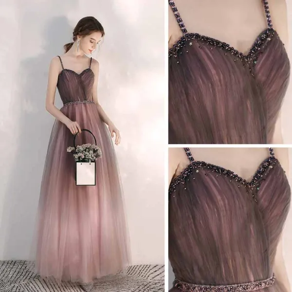 Elegant Purple Gradient-Color Dancing Prom Dresses 2021 A-Line / Princess Spaghetti Straps Sleeveless Beading Sash Floor-Length / Long Ruffle Backless Formal Dresses