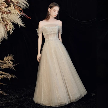 Best Champagne Grey Dancing Prom Dresses 2021 A Line Princess Spaghetti Straps Off The Shoulder Short Sleeve Beading Glitter Tulle Floor Length Long Ruffle Backless Formal Dresses