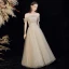 Best Champagne Grey Dancing Prom Dresses 2021 A-Line / Princess Spaghetti Straps Off-The-Shoulder Short Sleeve Beading Glitter Tulle Floor-Length / Long Ruffle Backless Formal Dresses