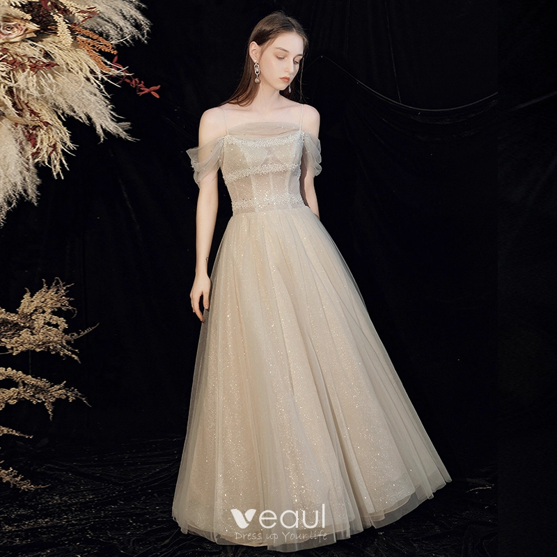 Tulle Spaghetti Straps Champagne Beading A-line Prom Dress Tulle Spaghetti Straps Champagne Beading A-line Prom Dress