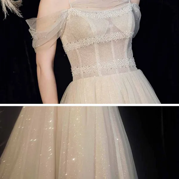Best Champagne Grey Dancing Prom Dresses 2021 A-Line / Princess Spaghetti Straps Off-The-Shoulder Short Sleeve Beading Glitter Tulle Floor-Length / Long Ruffle Backless Formal Dresses
