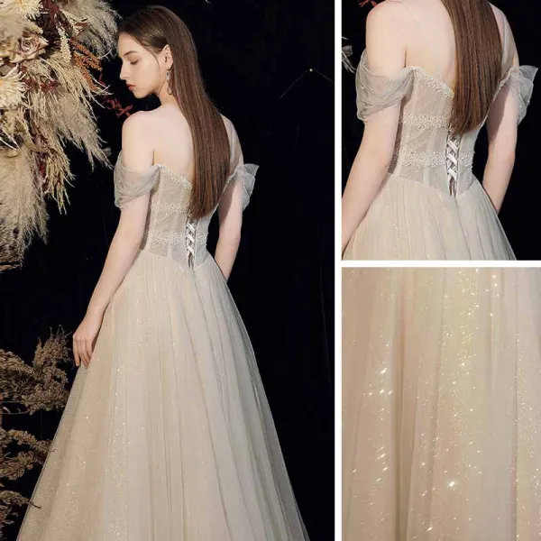 Best Champagne Grey Dancing Prom Dresses 2021 A-Line / Princess Spaghetti Straps Off-The-Shoulder Short Sleeve Beading Glitter Tulle Floor-Length / Long Ruffle Backless Formal Dresses