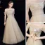 Best Champagne Grey Dancing Prom Dresses 2021 A-Line / Princess Spaghetti Straps Off-The-Shoulder Short Sleeve Beading Glitter Tulle Floor-Length / Long Ruffle Backless Formal Dresses