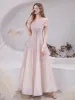 Bling Bling Blushing Pink Dancing Prom Dresses 2021 A-Line / Princess Off-The-Shoulder Short Sleeve Glitter Tulle Beading Floor-Length / Long Ruffle Backless Formal Dresses