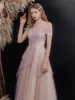 Bling Bling Blushing Pink Dancing Prom Dresses 2021 A-Line / Princess Off-The-Shoulder Short Sleeve Glitter Tulle Beading Floor-Length / Long Ruffle Backless Formal Dresses