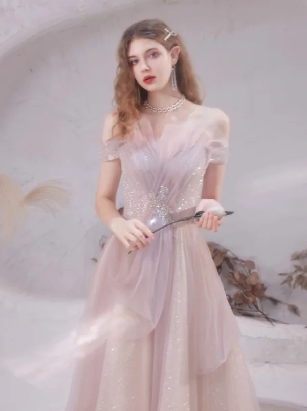 Bling Bling Blushing Pink Dancing Prom Dresses 2021 A-Line / Princess Off-The-Shoulder Short Sleeve Glitter Tulle Beading Floor-Length / Long Ruffle Backless Formal Dresses