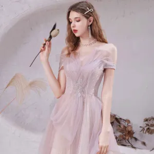 Bling Bling Rødmende Rosa Dancing Ballkjoler 2021 Prinsesse Av Skulderen Korte Ermer Glitter Tyll Beading Lange Buste Ryggløse Formelle Kjoler