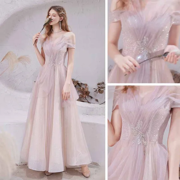 Bling Bling Blushing Pink Dancing Prom Dresses 2021 A-Line / Princess Off-The-Shoulder Short Sleeve Glitter Tulle Beading Floor-Length / Long Ruffle Backless Formal Dresses