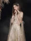 Scintillantes Doré Robe De Bal 2021 Princesse Transparentes V-Cou Manches Courtes Perlage Paillettes Glitter Tulle Longue Volants Dos Nu Robe De Ceremonie