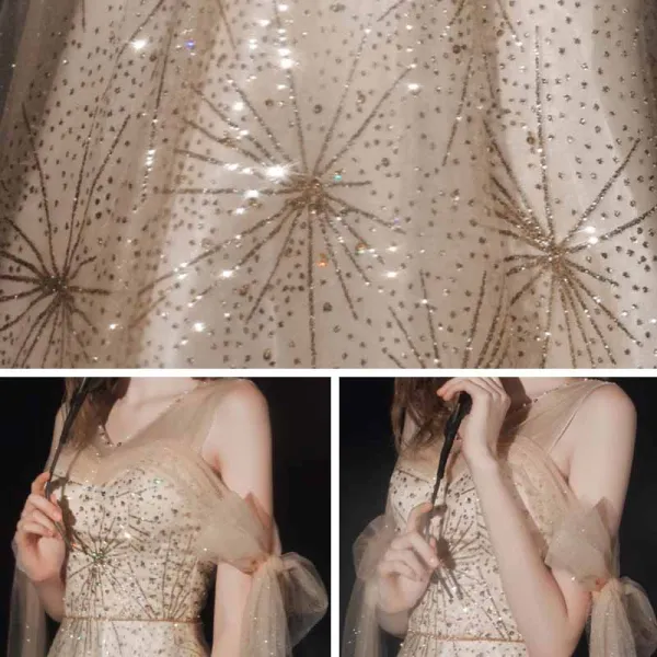 Scintillantes Doré Robe De Bal 2021 Princesse Transparentes V-Cou Manches Courtes Perlage Paillettes Glitter Tulle Longue Volants Dos Nu Robe De Ceremonie