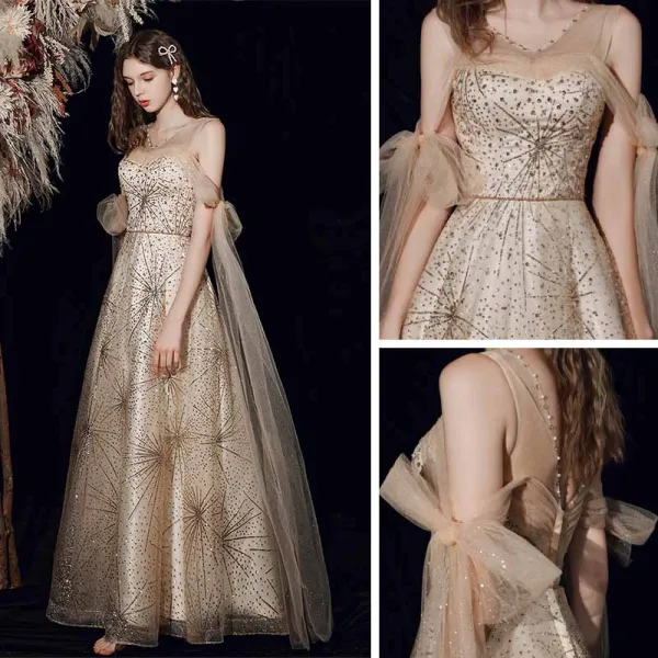 Scintillantes Doré Robe De Bal 2021 Princesse Transparentes V-Cou Manches Courtes Perlage Paillettes Glitter Tulle Longue Volants Dos Nu Robe De Ceremonie
