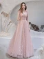 Blushing Pink Star Prom Dresses 2021 A-Line / Princess V-Neck Sleeveless Floor-Length / Long Ruffle See-through Formal Dresses
