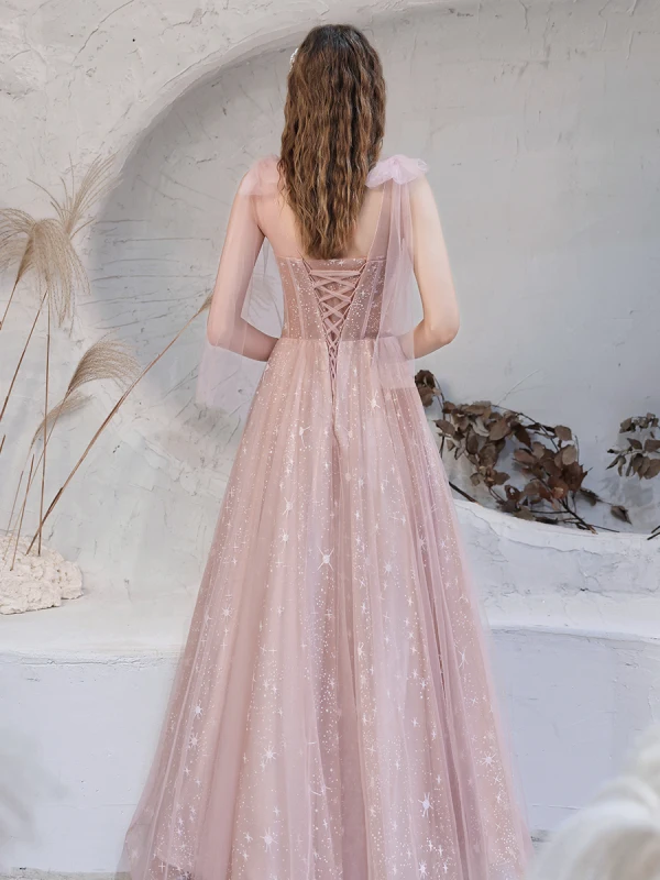 Blushing Pink Star Prom Dresses 2021 A-Line / Princess V-Neck Sleeveless Floor-Length / Long Ruffle See-through Formal Dresses