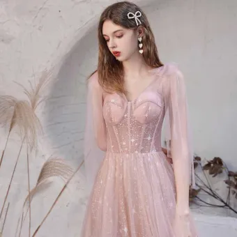 Rougissant Rose Étoile Robe De Bal 2021 Princesse V Cou Sans Manches Longue Volants Transparentes Robe De Ceremonie