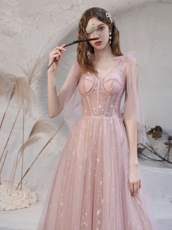 Blushing Pink Star Prom Dresses 2021 A-Line / Princess V-Neck Sleeveless Floor-Length / Long Ruffle See-through Formal Dresses