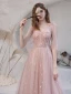 Blushing Pink Star Prom Dresses 2021 A-Line / Princess V-Neck Sleeveless Floor-Length / Long Ruffle See-through Formal Dresses