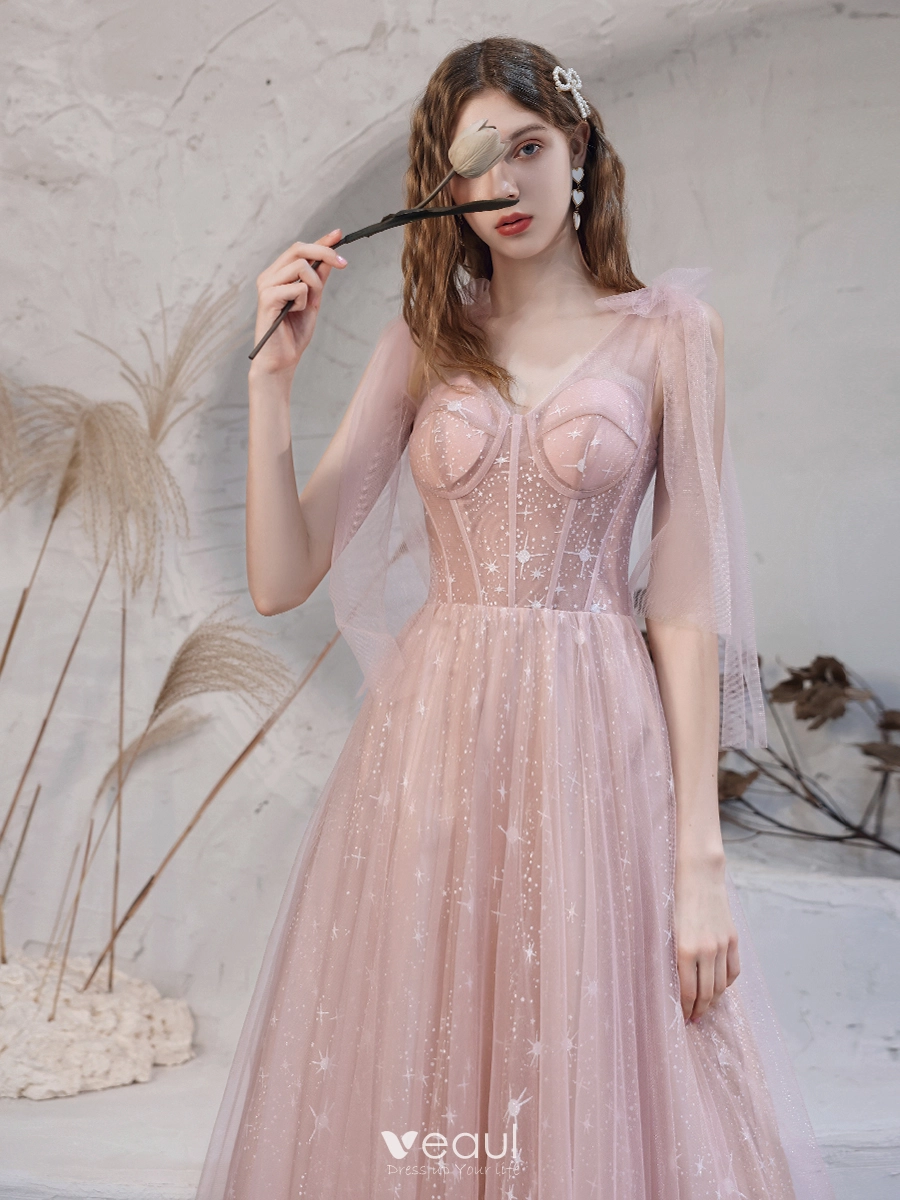 Blushing Pink Star Prom Dresses 2021 A Line Princess V Neck Sleeveless Floor Length Long Ruffle See through Formal Dresses