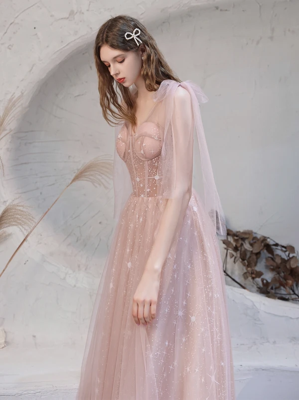Blushing Pink Star Prom Dresses 2021 A-Line / Princess V-Neck Sleeveless Floor-Length / Long Ruffle See-through Formal Dresses