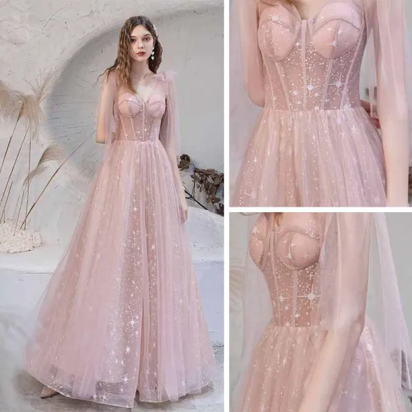 Blushing Pink Star Prom Dresses 2021 A-Line / Princess V-Neck Sleeveless Floor-Length / Long Ruffle See-through Formal Dresses