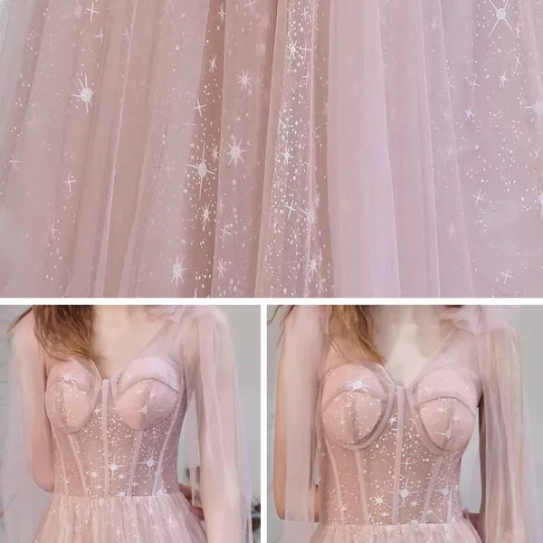 Blushing Pink Star Prom Dresses 2021 A-Line / Princess V-Neck Sleeveless Floor-Length / Long Ruffle See-through Formal Dresses