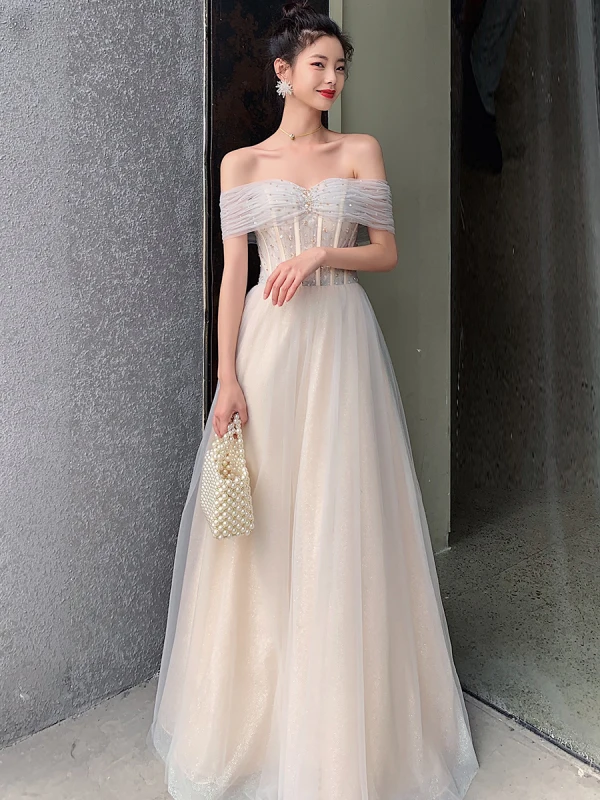 Elegant Champagne Grey Dancing Prom Dresses 2021 A-Line / Princess Off-The-Shoulder Short Sleeve Beading Glitter Tulle Floor-Length / Long Ruffle Backless Formal Dresses
