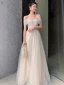 Elegant Champagne Grey Dancing Prom Dresses 2021 A-Line / Princess Off-The-Shoulder Short Sleeve Beading Glitter Tulle Floor-Length / Long Ruffle Backless Formal Dresses
