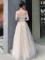 Elegant Champagne Grey Dancing Prom Dresses 2021 A-Line / Princess Off-The-Shoulder Short Sleeve Beading Glitter Tulle Floor-Length / Long Ruffle Backless Formal Dresses