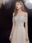 Elegant Champagne Grey Dancing Prom Dresses 2021 A-Line / Princess Off-The-Shoulder Short Sleeve Beading Glitter Tulle Floor-Length / Long Ruffle Backless Formal Dresses
