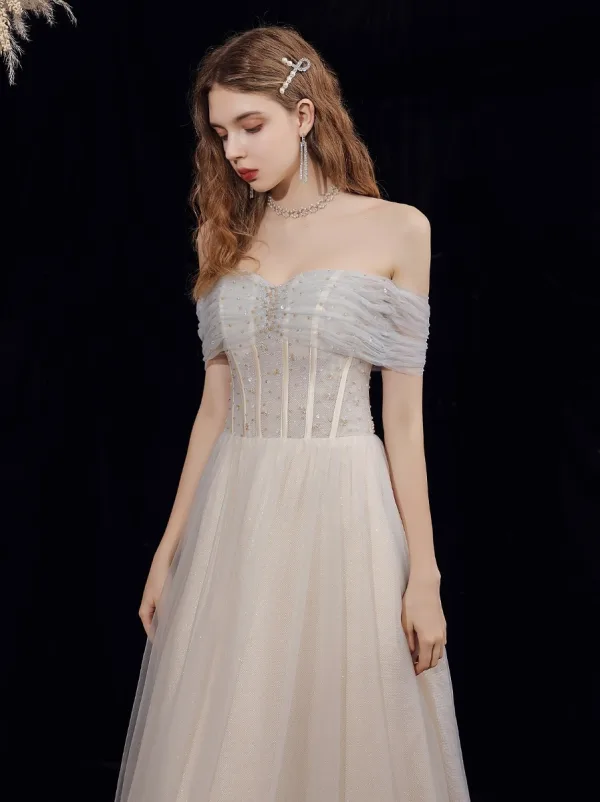 Elegant Champagne Grey Dancing Prom Dresses 2021 A-Line / Princess Off-The-Shoulder Short Sleeve Beading Glitter Tulle Floor-Length / Long Ruffle Backless Formal Dresses
