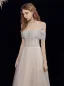 Elegant Champagne Grey Dancing Prom Dresses 2021 A-Line / Princess Off-The-Shoulder Short Sleeve Beading Glitter Tulle Floor-Length / Long Ruffle Backless Formal Dresses