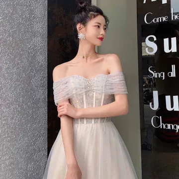 Elegant Champagne Grey Dancing Prom Dresses 2021 A Line Princess Off The Shoulder Short Sleeve Beading Glitter Tulle Floor Length Long Ruffle Backless Formal Dresses