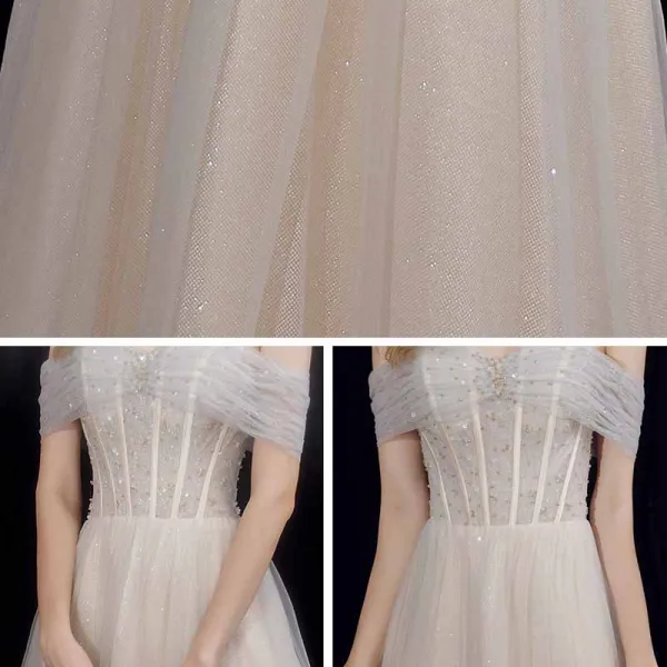 Elegant Champagne Grey Dancing Prom Dresses 2021 A-Line / Princess Off-The-Shoulder Short Sleeve Beading Glitter Tulle Floor-Length / Long Ruffle Backless Formal Dresses