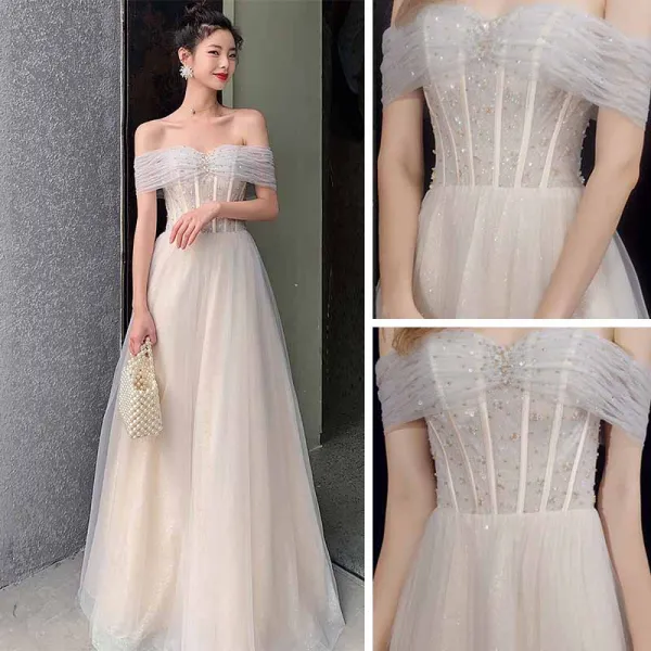 Elegant Champagne Grey Dancing Prom Dresses 2021 A-Line / Princess Off-The-Shoulder Short Sleeve Beading Glitter Tulle Floor-Length / Long Ruffle Backless Formal Dresses