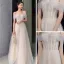Elegant Champagne Grey Dancing Prom Dresses 2021 A-Line / Princess Off-The-Shoulder Short Sleeve Beading Glitter Tulle Floor-Length / Long Ruffle Backless Formal Dresses