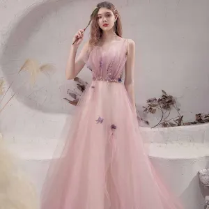 Best Blushing Pink Prom Dresses 2021 A Line Princess Spaghetti Straps Sleeveless Appliques Lace Beading Glitter Tulle Sweep Train Ruffle Backless Formal Dresses