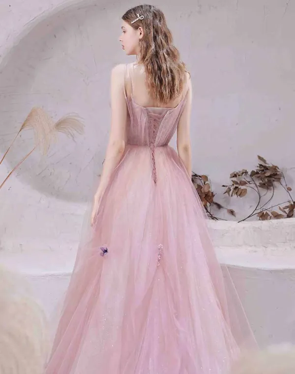 Meilleur Rougissant Rose Robe De Bal 2021 Princesse Bretelles Spaghetti Sans Manches Appliques En Dentelle Perlage Glitter Tulle Train De Balayage Volants Dos Nu Robe De Ceremonie