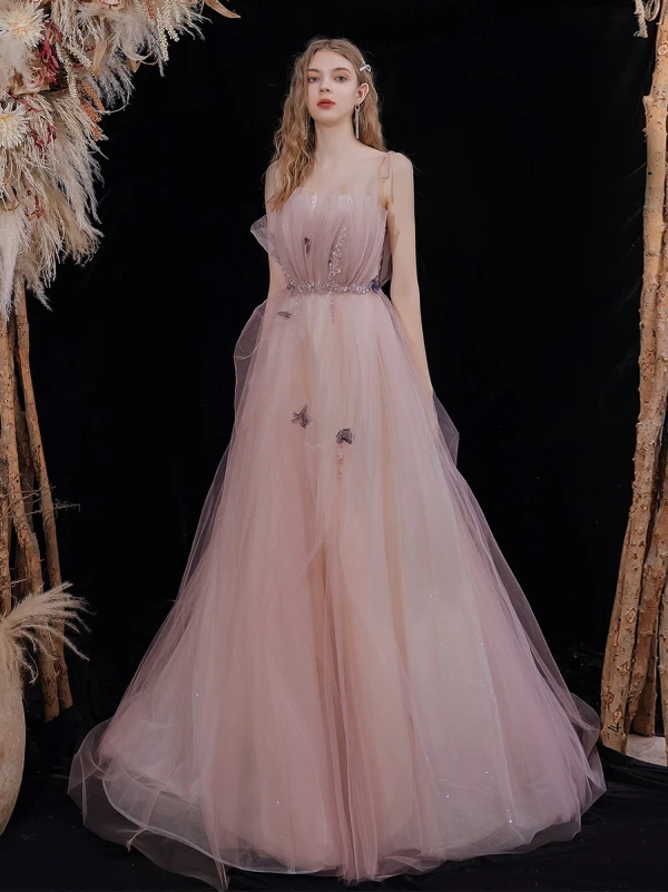 Meilleur Rougissant Rose Robe De Bal 2021 Princesse Bretelles Spaghetti Sans Manches Appliques En Dentelle Perlage Glitter Tulle Train De Balayage Volants Dos Nu Robe De Ceremonie