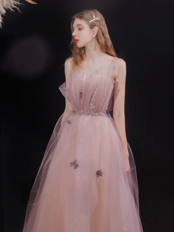 Meilleur Rougissant Rose Robe De Bal 2021 Princesse Bretelles Spaghetti Sans Manches Appliques En Dentelle Perlage Glitter Tulle Train De Balayage Volants Dos Nu Robe De Ceremonie