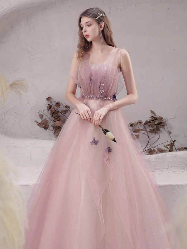 Meilleur Rougissant Rose Robe De Bal 2021 Princesse Bretelles Spaghetti Sans Manches Appliques En Dentelle Perlage Glitter Tulle Train De Balayage Volants Dos Nu Robe De Ceremonie