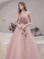 Meilleur Rougissant Rose Robe De Bal 2021 Princesse Bretelles Spaghetti Sans Manches Appliques En Dentelle Perlage Glitter Tulle Train De Balayage Volants Dos Nu Robe De Ceremonie