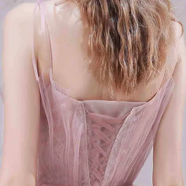 Meilleur Rougissant Rose Robe De Bal 2021 Princesse Bretelles Spaghetti Sans Manches Appliques En Dentelle Perlage Glitter Tulle Train De Balayage Volants Dos Nu Robe De Ceremonie