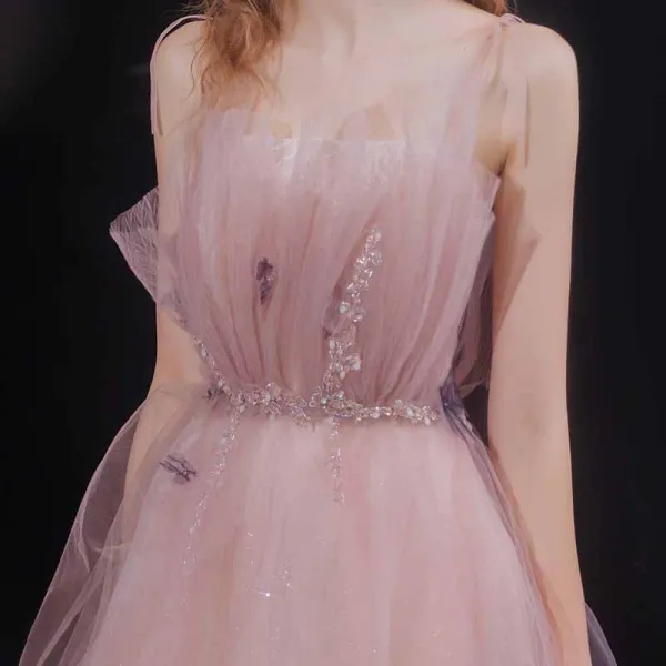 Meilleur Rougissant Rose Robe De Bal 2021 Princesse Bretelles Spaghetti Sans Manches Appliques En Dentelle Perlage Glitter Tulle Train De Balayage Volants Dos Nu Robe De Ceremonie